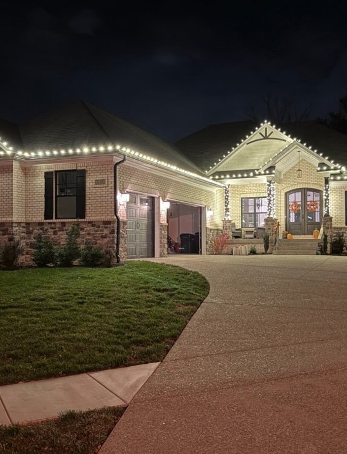 warm white christmas lights stone craftsman home